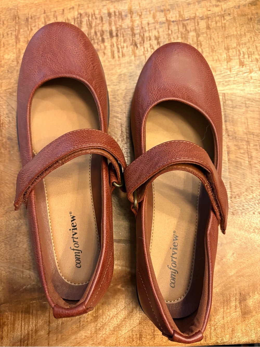 comfortview Cognac Brown Mary Jane Flats with Adjustable Strap